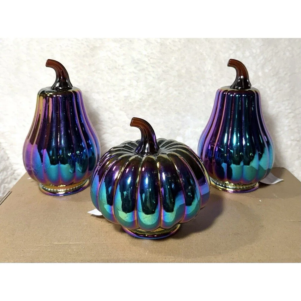Set of 3 Dark Iridescent Glass Pumpkins Target Halloween - NEW